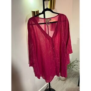 antthony original 3x blouse metallic stripe fuschia pink v neck baseball bright